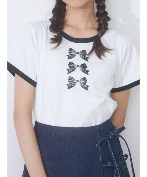 merry jenny（メリージェニー）の「リボンプリントリンガーTee（Tシャツ/カットソー・レディース・ブラック/オフホワイト・FREE）」の7枚目の写真