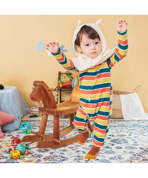 BREEZE（ブリーズ）の「マルチボーダーリブカバーオール（ロンパース・キッズ・ピンク/ブルー/マスタード・70/60/80）」の5枚目の写真