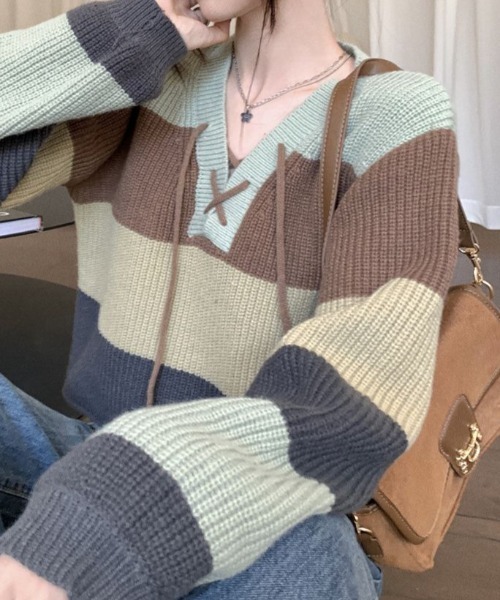 deux amour（ドゥーザムール）の「多色ボーダー畦ニットレースアップ短丈プルオーバー（ニット/セーター・レディース・グリーン・FREE）」の7枚目の写真