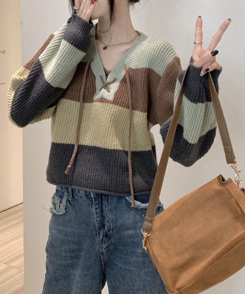 deux amour（ドゥーザムール）の「多色ボーダー畦ニットレースアップ短丈プルオーバー（ニット/セーター・レディース・グリーン・FREE）」の8枚目の写真