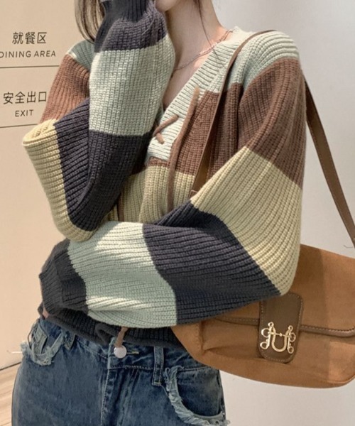 deux amour（ドゥーザムール）の「多色ボーダー畦ニットレースアップ短丈プルオーバー（ニット/セーター・レディース・グリーン・FREE）」の9枚目の写真