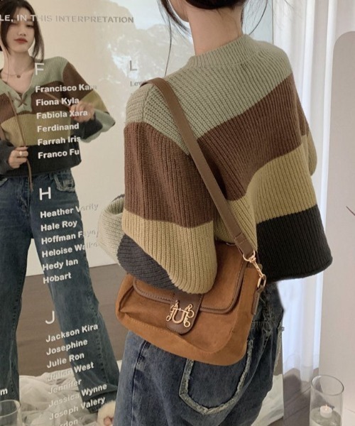 deux amour（ドゥーザムール）の「多色ボーダー畦ニットレースアップ短丈プルオーバー（ニット/セーター・レディース・グリーン・FREE）」の10枚目の写真