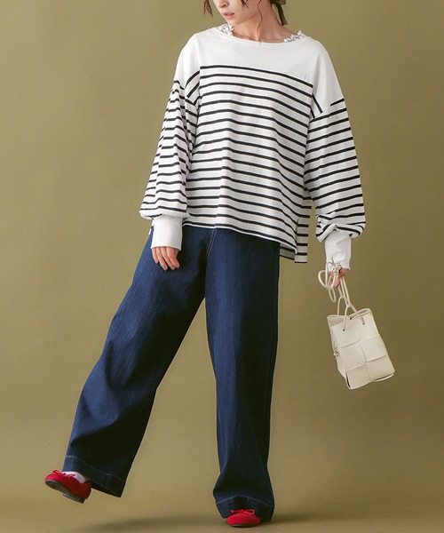Viola e Viola(ヴィオラエヴィオラ)の「バスクボーダーパフ袖プルオーバー(Tシャツ/カットソー・レディース・オレンジ/ブラック/ブルー・L/LL/M/3L)」の10枚目の写真