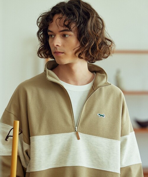 TOWNCRAFT（タウンクラフト）の「TOWN CRAFT/タウンクラフト 別注 スタンドネック パネルボーダー ハーフジップスウェット/ハーフジップ/ワンポイントロゴ/ビックシルエット（スウェット・メンズ・オフホワイト/チャコール/ベージュ/ネイビー・MEDIUM/LARGE）」の18枚目の写真