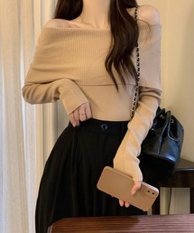 【i-dare】オフショルダー ワイドカラー リブニット トップス