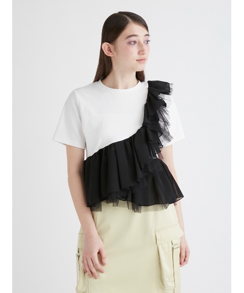 FURFUR ブラック フリル Tシャツ FURFUR（ファーファー）の「異素材フリルドッキングTシャツ（T