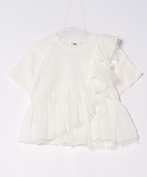FURFUR ファーファー　異素材フリルドッキングTシャツ　ドット　ピンク FURFUR ファーファー 異素材フリルドッキングTシャツ ドット