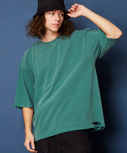 unrelaxing(アンリラクシング)の「ヴィンテージライク 古着風 綿100%ピグメント加工ダメージTシャツ(Tシャツ/カットソー・メンズ・ベージュ/ブラウン/グリーン/ブラック・MEDIUM/LARGE/X-LARGE)」の4枚目の写真