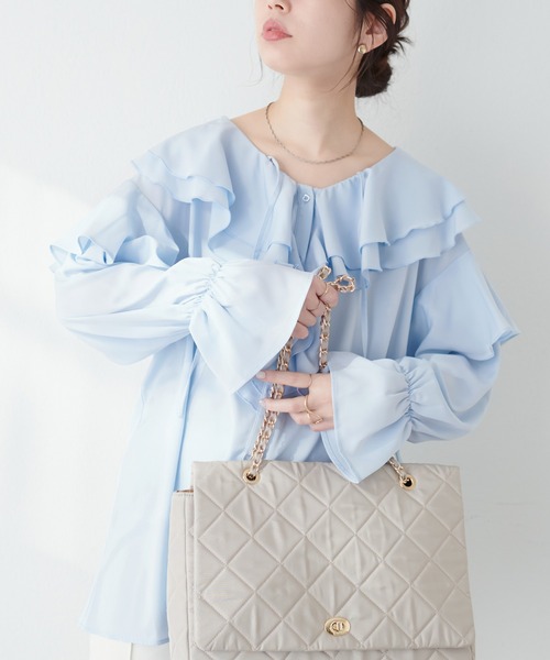 natural couture(ナチュラルクチュール)の「ラッフル衿チュニックブラウス(シャツ/ブラウス・レディース・サックスブルー/カーキ/ピンク/オフホワイト・FREE)」の19枚目の写真