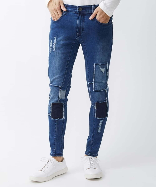 MK MICHEL KLEIN HOMME (エムケーミッシェルクランオム)の「【WEB先行限定】パッチワークダメージデニム(デニムパンツ・メンズ・ネイビー/ブラック・48/50/46)」の4枚目の写真
