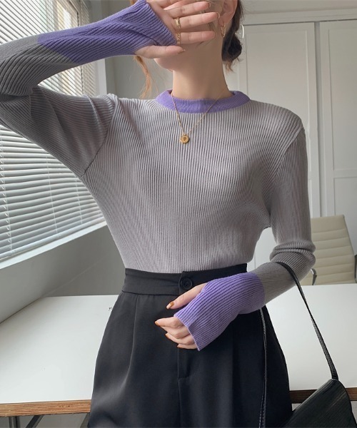 Per sist ence（パーシエンス）の「バイカラーロングリブニット（ニット/セーター・レディース・ブラック×ブルー/グレー系/ピンク系/ホワイト×ネイビー/ブルー系・FREE）」の3枚目の写真