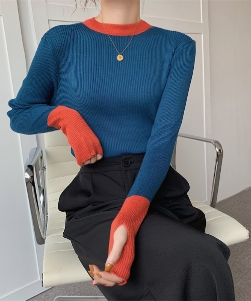 Per sist ence（パーシエンス）の「バイカラーロングリブニット（ニット/セーター・レディース・ブラック×ブルー/グレー系/ピンク系/ホワイト×ネイビー/ブルー系・FREE）」の4枚目の写真