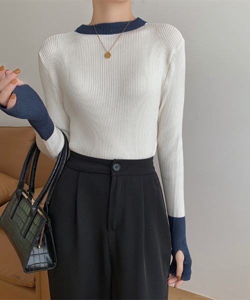 Per sist ence（パーシエンス）の「バイカラーロングリブニット（ニット/セーター・レディース・ブラック×ブルー/グレー系/ピンク系/ホワイト×ネイビー/ブルー系・FREE）」の7枚目の写真