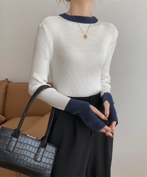 Per sist ence（パーシエンス）の「バイカラーロングリブニット（ニット/セーター・レディース・ブラック×ブルー/グレー系/ピンク系/ホワイト×ネイビー/ブルー系・FREE）」の8枚目の写真