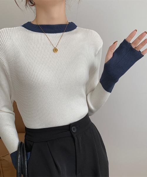 Per sist ence（パーシエンス）の「バイカラーロングリブニット（ニット/セーター・レディース・ブラック×ブルー/グレー系/ピンク系/ホワイト×ネイビー/ブルー系・FREE）」の9枚目の写真