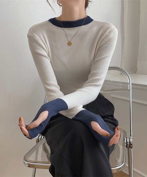 Per sist ence（パーシエンス）の「バイカラーロングリブニット（ニット/セーター・レディース・ブラック×ブルー/グレー系/ピンク系/ホワイト×ネイビー/ブルー系・FREE）」の10枚目の写真