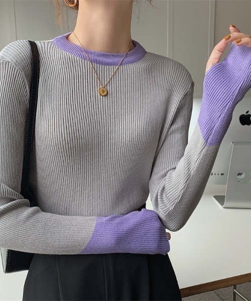 Per sist ence（パーシエンス）の「バイカラーロングリブニット（ニット/セーター・レディース・ブラック×ブルー/グレー系/ピンク系/ホワイト×ネイビー/ブルー系・FREE）」の17枚目の写真