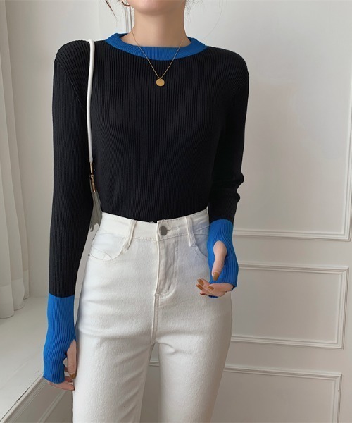 Per sist ence（パーシエンス）の「バイカラーロングリブニット（ニット/セーター・レディース・ブラック×ブルー/グレー系/ピンク系/ホワイト×ネイビー/ブルー系・FREE）」の12枚目の写真