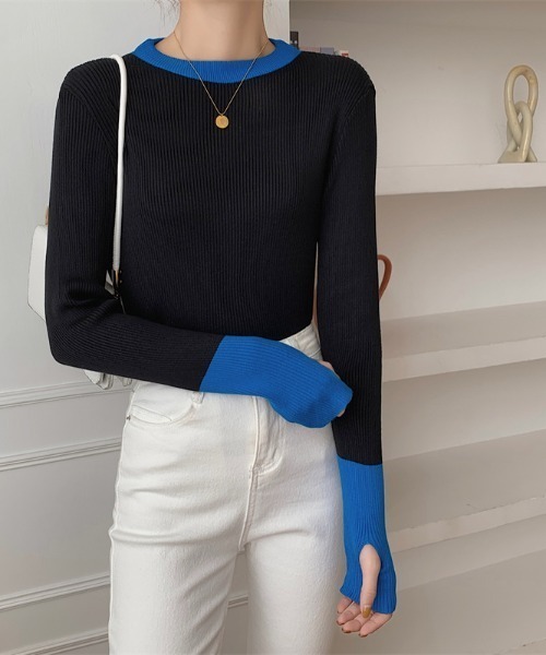 Per sist ence（パーシエンス）の「バイカラーロングリブニット（ニット/セーター・レディース・ブラック×ブルー/グレー系/ピンク系/ホワイト×ネイビー/ブルー系・FREE）」の13枚目の写真