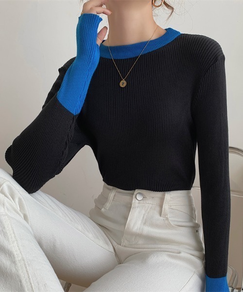 Per sist ence（パーシエンス）の「バイカラーロングリブニット（ニット/セーター・レディース・ブラック×ブルー/グレー系/ピンク系/ホワイト×ネイビー/ブルー系・FREE）」の15枚目の写真