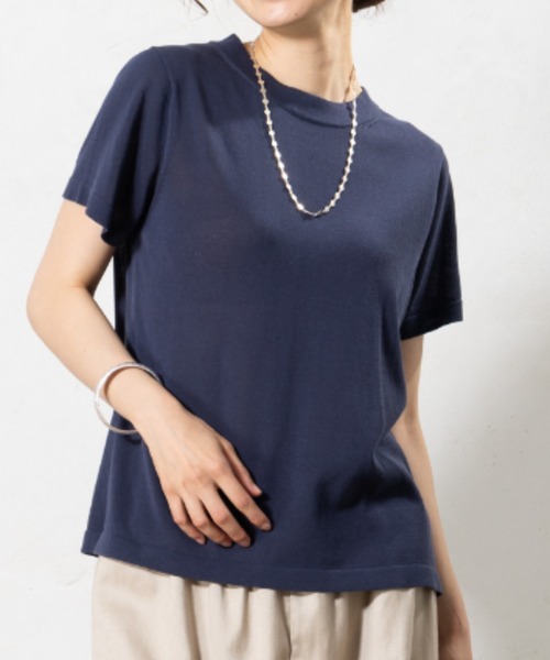 aunt lily(アントリリー)の「コットン強撚スタンドカラープルオーバー◆(Tシャツ/カットソー・レディース・ブルー/ネイビー・S/M/L/LL)」の1枚目の写真