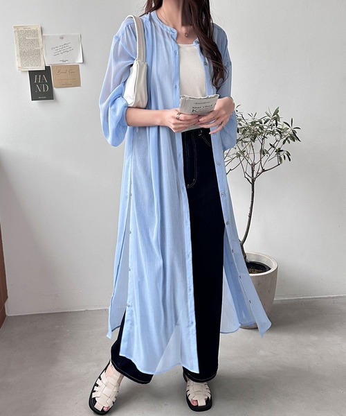 GeeRA（ジーラ）の「バンドカラーシアー楊柳シャツワンピ（シャツワンピース・レディース・オフホワイト/ブルー/ブラック・MEDIUM/LARGE）」の10枚目の写真