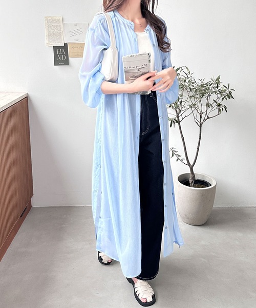 GeeRA（ジーラ）の「バンドカラーシアー楊柳シャツワンピ（シャツワンピース・レディース・オフホワイト/ブルー/ブラック・MEDIUM/LARGE）」の11枚目の写真