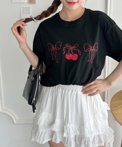 Loueme（ルエム）の「リボンチェリープリントTシャツ（Tシャツ/カットソー・レディース・ホワイト/ブラック/グレー・FREE）」の12枚目の写真