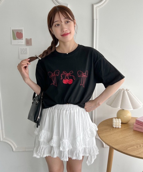 Loueme（ルエム）の「リボンチェリープリントTシャツ（Tシャツ/カットソー・レディース・ホワイト/ブラック/グレー・FREE）」の14枚目の写真
