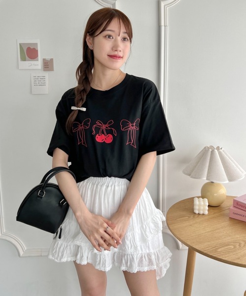 Loueme（ルエム）の「リボンチェリープリントTシャツ（Tシャツ/カットソー・レディース・ホワイト/ブラック/グレー・FREE）」の13枚目の写真