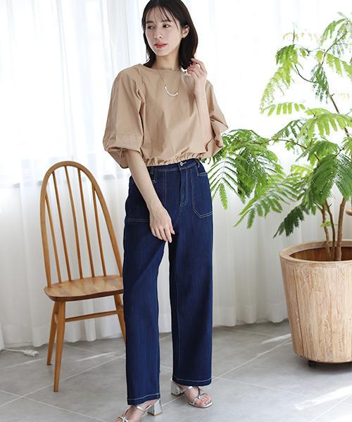 REAL CUBE（リアルキューブ）の「ストレッチワイドデニムパンツ（デニムパンツ・レディース・インディゴブルー/ブラック・L/M）」の4枚目の写真