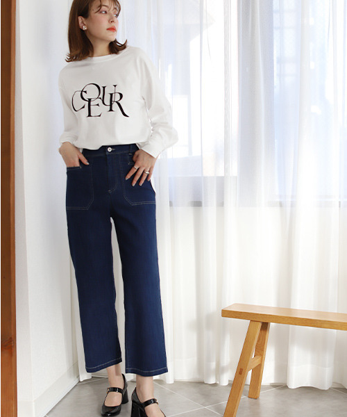 REAL CUBE（リアルキューブ）の「ストレッチワイドデニムパンツ（デニムパンツ・レディース・インディゴブルー/ブラック・L/M）」の5枚目の写真