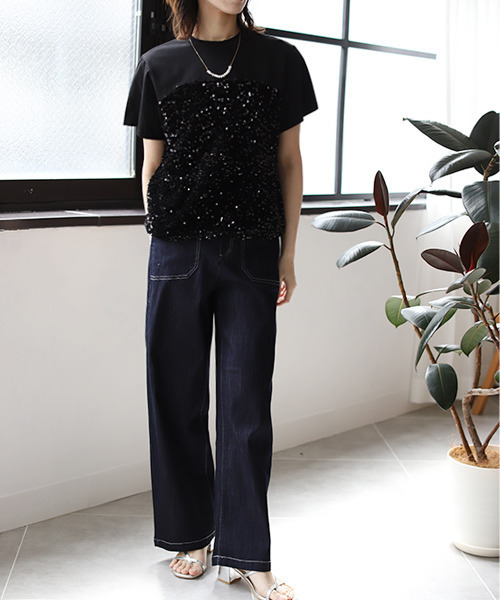 REAL CUBE（リアルキューブ）の「ストレッチワイドデニムパンツ（デニムパンツ・レディース・インディゴブルー/ブラック・L/M）」の11枚目の写真