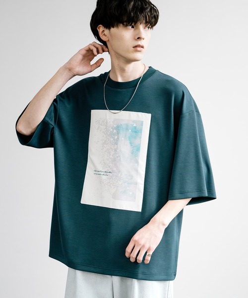 Rocky Monroe(ロッキーモンロー)の「接触冷感とろみポンチ オーバーサイズ貼付プリント半袖Tシャツ(Tシャツ/カットソー・メンズ・ホワイト系/ブルーグリーン/ブラック/ホワイト/グレイッシュベージュ/ブラック系・L/M)」の6枚目の写真