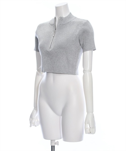 clear（クリア）の「ダブルジップ半袖ニットトップス［クロップド丈 韓国ファッション］≪再入荷≫（ニット/セーター・レディース・オフホワイト/グレー/ブラック・F）」の4枚目の写真