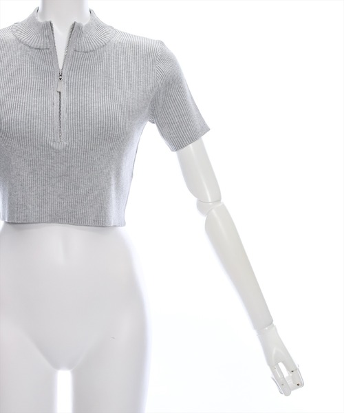 clear（クリア）の「ダブルジップ半袖ニットトップス［クロップド丈 韓国ファッション］≪再入荷≫（ニット/セーター・レディース・オフホワイト/グレー/ブラック・F）」の8枚目の写真
