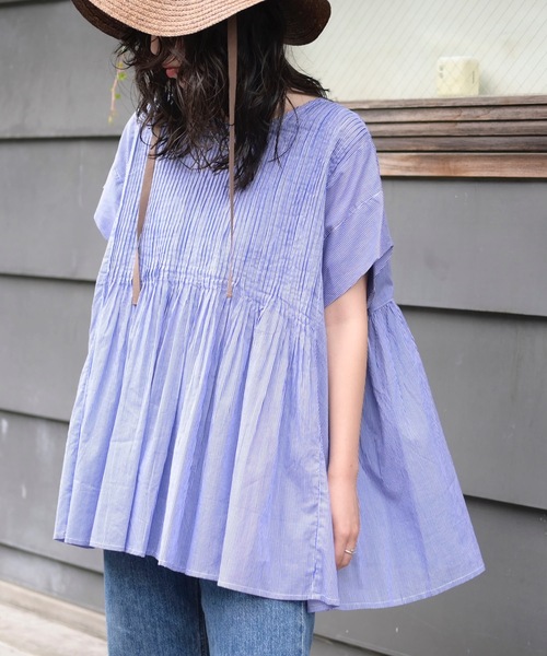 ＆HALF（アンドハーフ）の「フロントギャザーブラウス(ストライプ.インド綿.インドコットン.コットン100%,綿100%）（シャツ/ブラウス・レディース・ホワイト系その他/ブルー系その他/ブルー・FREE/M/L）」の3枚目の写真