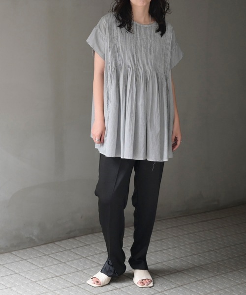 ＆HALF（アンドハーフ）の「フロントギャザーブラウス(ストライプ.インド綿.インドコットン.コットン100%,綿100%）（シャツ/ブラウス・レディース・ホワイト系その他/ブルー系その他/ブルー・FREE/M/L）」の4枚目の写真