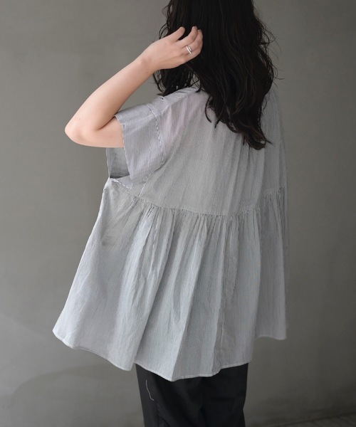 ＆HALF（アンドハーフ）の「フロントギャザーブラウス(ストライプ.インド綿.インドコットン.コットン100%,綿100%）（シャツ/ブラウス・レディース・ホワイト系その他/ブルー系その他/ブルー・FREE/M/L）」の5枚目の写真