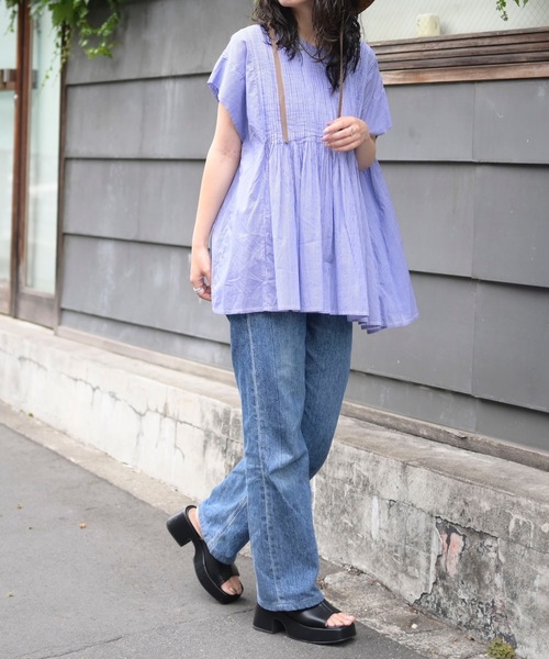 ＆HALF（アンドハーフ）の「フロントギャザーブラウス(ストライプ.インド綿.インドコットン.コットン100%,綿100%）（シャツ/ブラウス・レディース・ホワイト系その他/ブルー系その他/ブルー・FREE/M/L）」の8枚目の写真