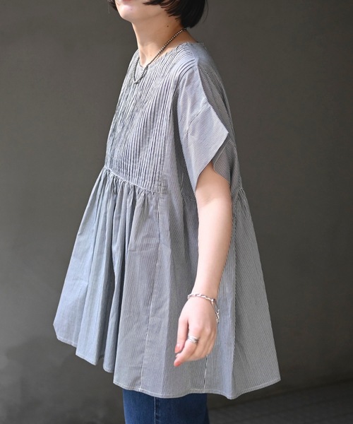 ＆HALF（アンドハーフ）の「フロントギャザーブラウス(ストライプ.インド綿.インドコットン.コットン100%,綿100%）（シャツ/ブラウス・レディース・ホワイト系その他/ブルー系その他/ブルー・FREE/M/L）」の11枚目の写真