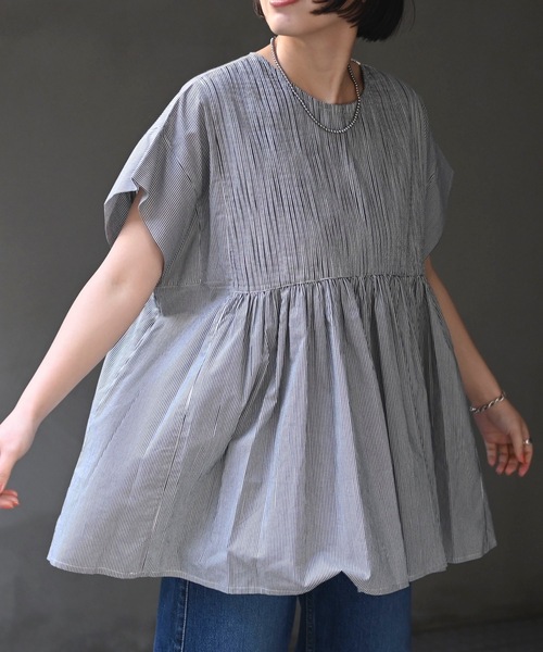 ＆HALF（アンドハーフ）の「フロントギャザーブラウス(ストライプ.インド綿.インドコットン.コットン100%,綿100%）（シャツ/ブラウス・レディース・ホワイト系その他/ブルー系その他/ブルー・FREE/M/L）」の10枚目の写真