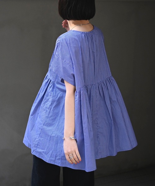 ＆HALF（アンドハーフ）の「フロントギャザーブラウス(ストライプ.インド綿.インドコットン.コットン100%,綿100%）（シャツ/ブラウス・レディース・ホワイト系その他/ブルー系その他/ブルー・FREE/M/L）」の14枚目の写真