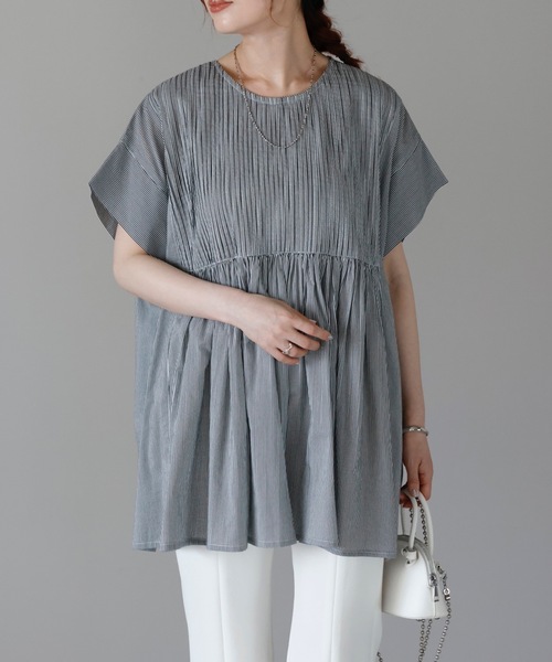 ＆HALF（アンドハーフ）の「フロントギャザーブラウス(ストライプ.インド綿.インドコットン.コットン100%,綿100%）（シャツ/ブラウス・レディース・ホワイト系その他/ブルー系その他/ブルー・FREE/M/L）」の16枚目の写真