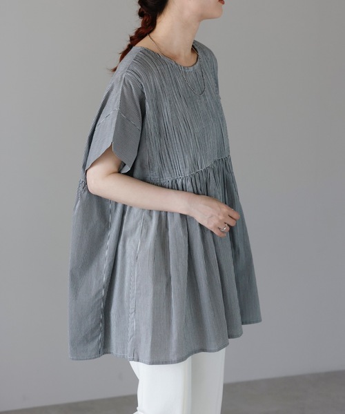 ＆HALF（アンドハーフ）の「フロントギャザーブラウス(ストライプ.インド綿.インドコットン.コットン100%,綿100%）（シャツ/ブラウス・レディース・ホワイト系その他/ブルー系その他/ブルー・FREE/M/L）」の17枚目の写真