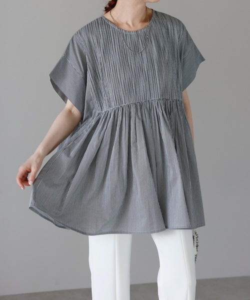 ＆HALF（アンドハーフ）の「フロントギャザーブラウス(ストライプ.インド綿.インドコットン.コットン100%,綿100%）（シャツ/ブラウス・レディース・ホワイト系その他/ブルー系その他/ブルー・FREE/M/L）」の18枚目の写真