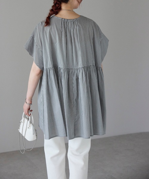 ＆HALF（アンドハーフ）の「フロントギャザーブラウス(ストライプ.インド綿.インドコットン.コットン100%,綿100%）（シャツ/ブラウス・レディース・ホワイト系その他/ブルー系その他/ブルー・FREE/M/L）」の19枚目の写真