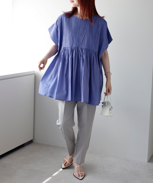 ▪️CABaN ハイカウント ブロード ギャザーブラウス ライトブルー caban（キャバン）の「ハイカウントブロード ギャザーブラウス