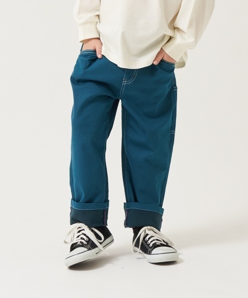 b・ROOM（ビールーム）の「アソートペインターパンツ(裾折タイプ)（デニムパンツ・キッズ・サックスブルー/モスグリーン/ネイビー・100cm/110cm/120cm/130cm/140cm/150cm）」の2枚目の写真
