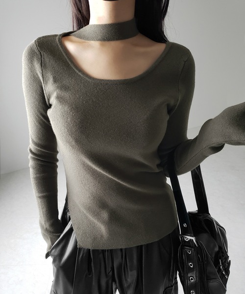 セール】【 2color 】チョーカーリブニットトップス ／choker